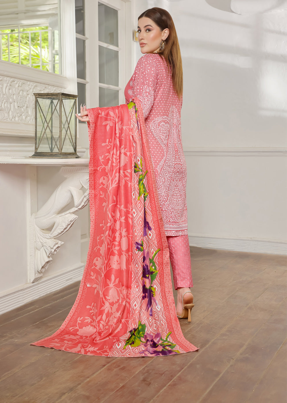 AMT5117 - Pink Readymade Linen Shawl Suit - Memsaab Online