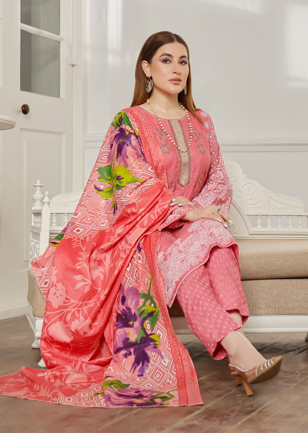 AMT5117 - Pink Readymade Linen Shawl Suit - Memsaab Online