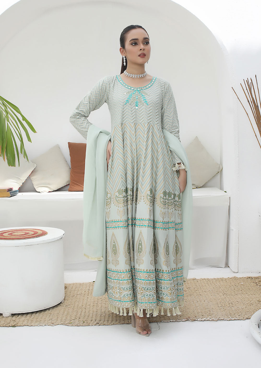 HK202 Samarkand Readymade Mint Dress - Memsaab Online