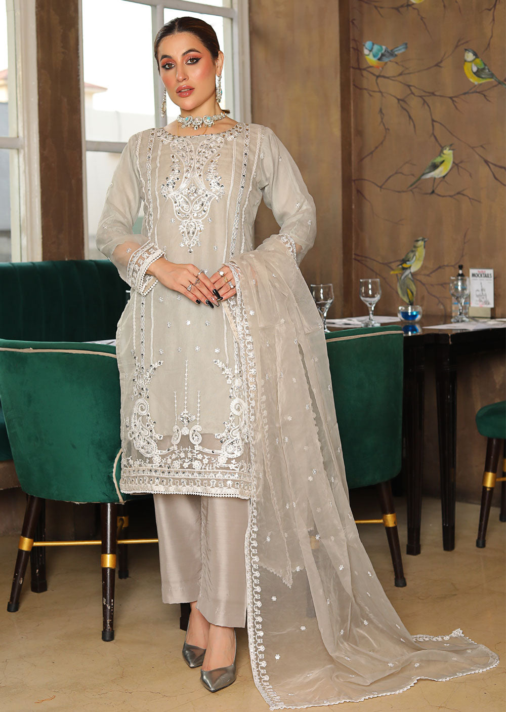 KLD308 Huma - Grey Readymade Organza Suit - Memsaab Online