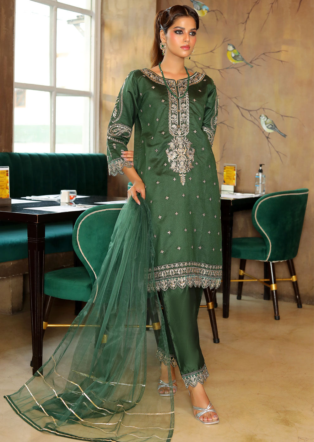 KLD317 Hoor - Green Readymade Khadi Net Suit - Memsaab Online