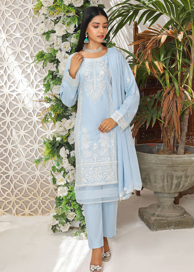 HK208 Irha Readymade Baby Blue Linen Suit - Memsaab Online