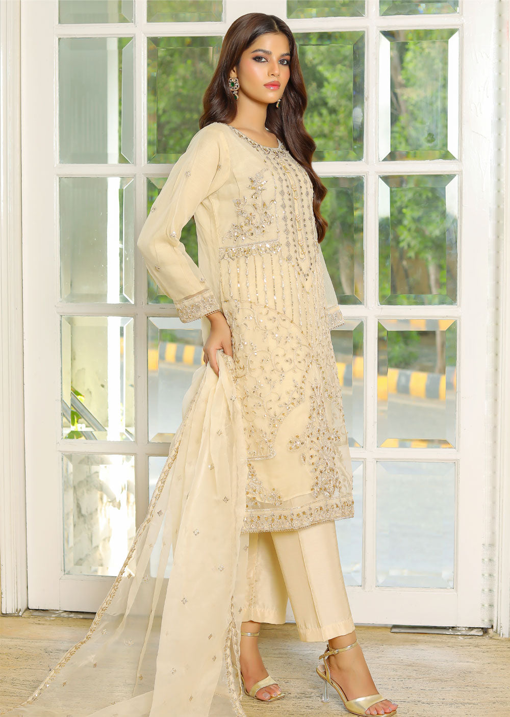 KLD319 JANA - Gold Readymade Organza Suit - Memsaab Online