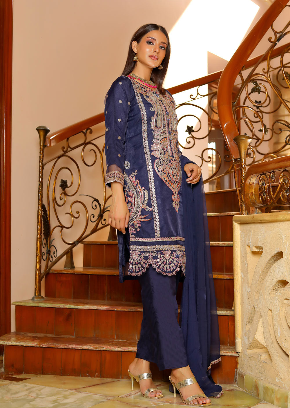 KLD327 Seba - Navy Readymade Organza suit - Memsaab Online