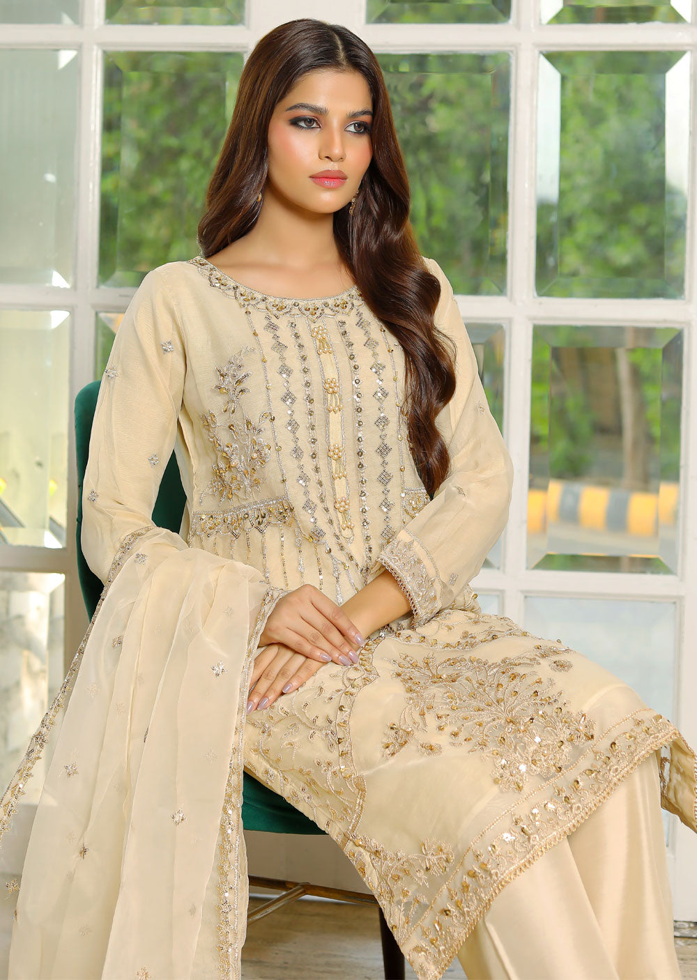 KLD319 JANA - Gold Readymade Organza Suit - Memsaab Online