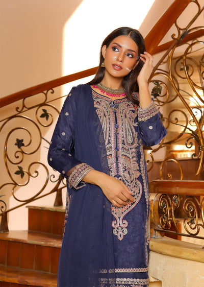 KLD327 Seba - Navy Readymade Organza suit - Memsaab Online