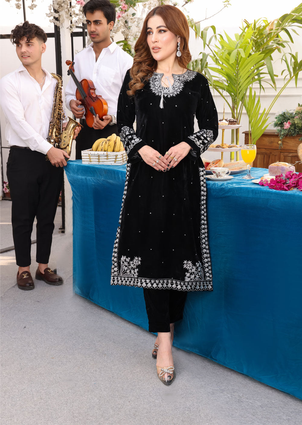 HK235 Irya Black Readymade 2 Piece Velvet Suit - Memsaab Online