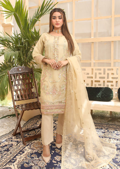 KLD211 Zaybun - Gold Readymade Organza Suit - Memsaab Online