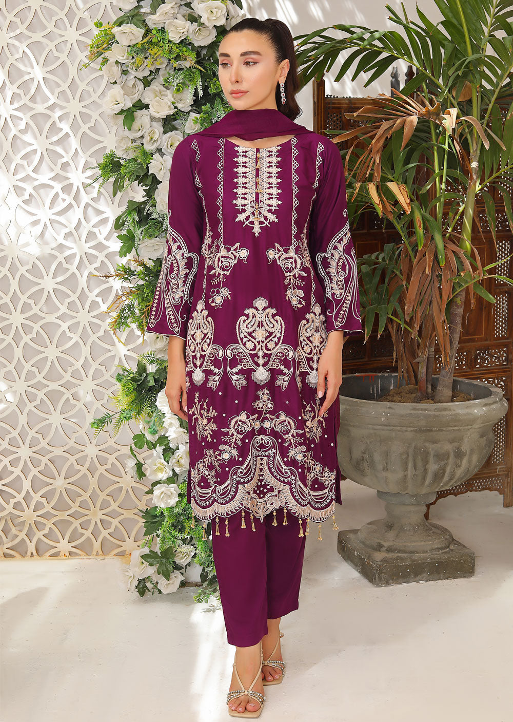 HK207 Rida Readymade Purple Linen Suit - Memsaab Online