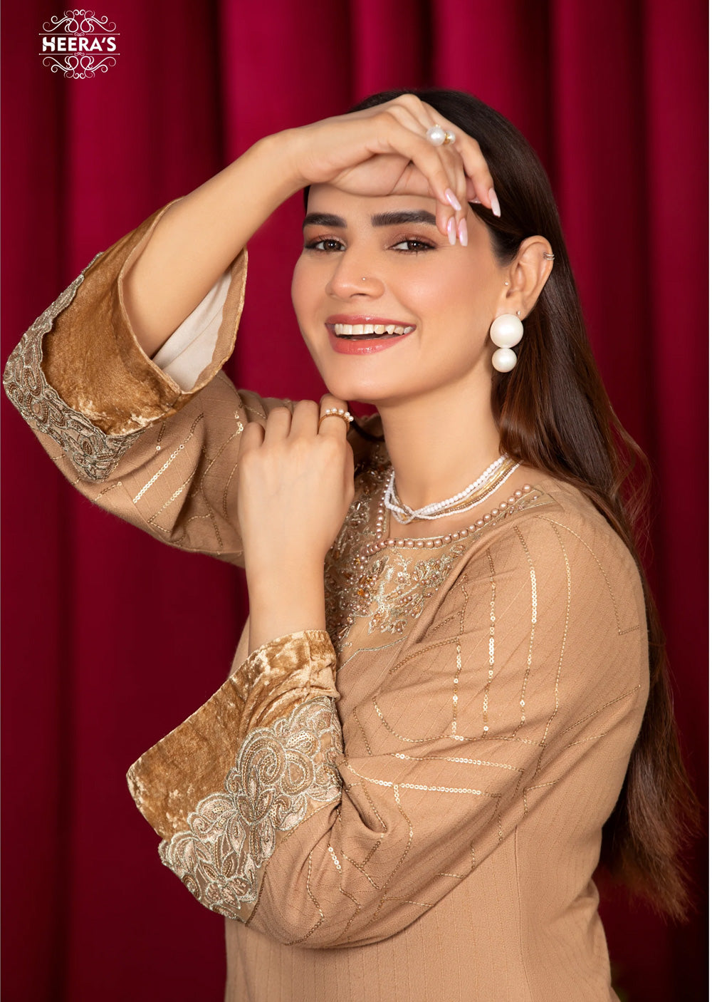 HSS-179 - Readymade - Elegant Gold Dhanak Velvet Embroidered suit by Heeras - Memsaab Online