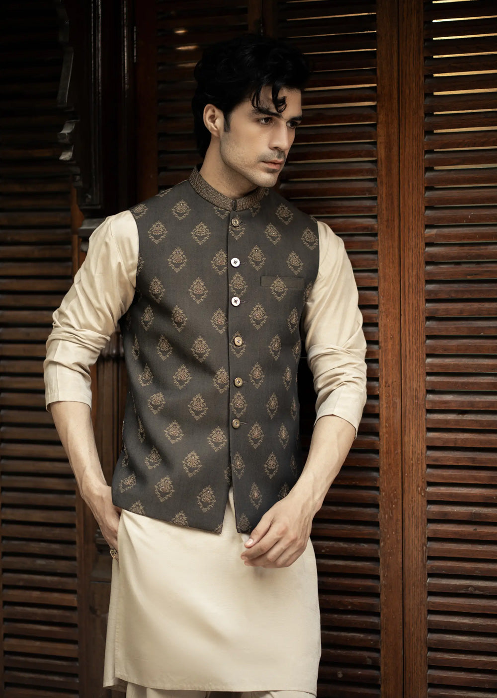 W-2891 - Readymade Jackard Self Design With Hand Embroidery Waistcoat - Memsaab Online