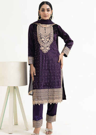 RTZ-01-R - Readymade - Rangz Winter Embroidered Signature Velvet Suit 2025 - Memsaab Online