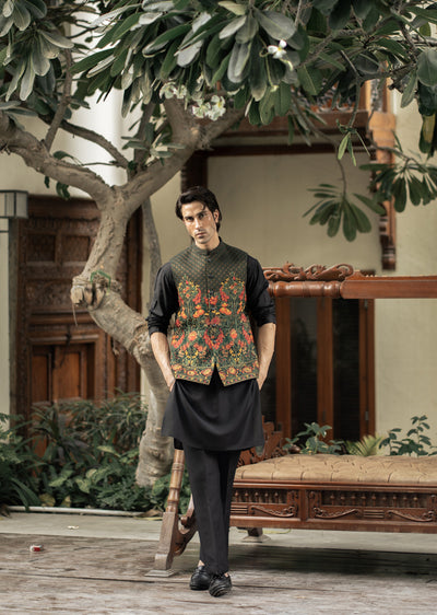 W-2899-1 - Readymade Maysori Fabric Full Embroidery Waistcoat - Memsaab Online