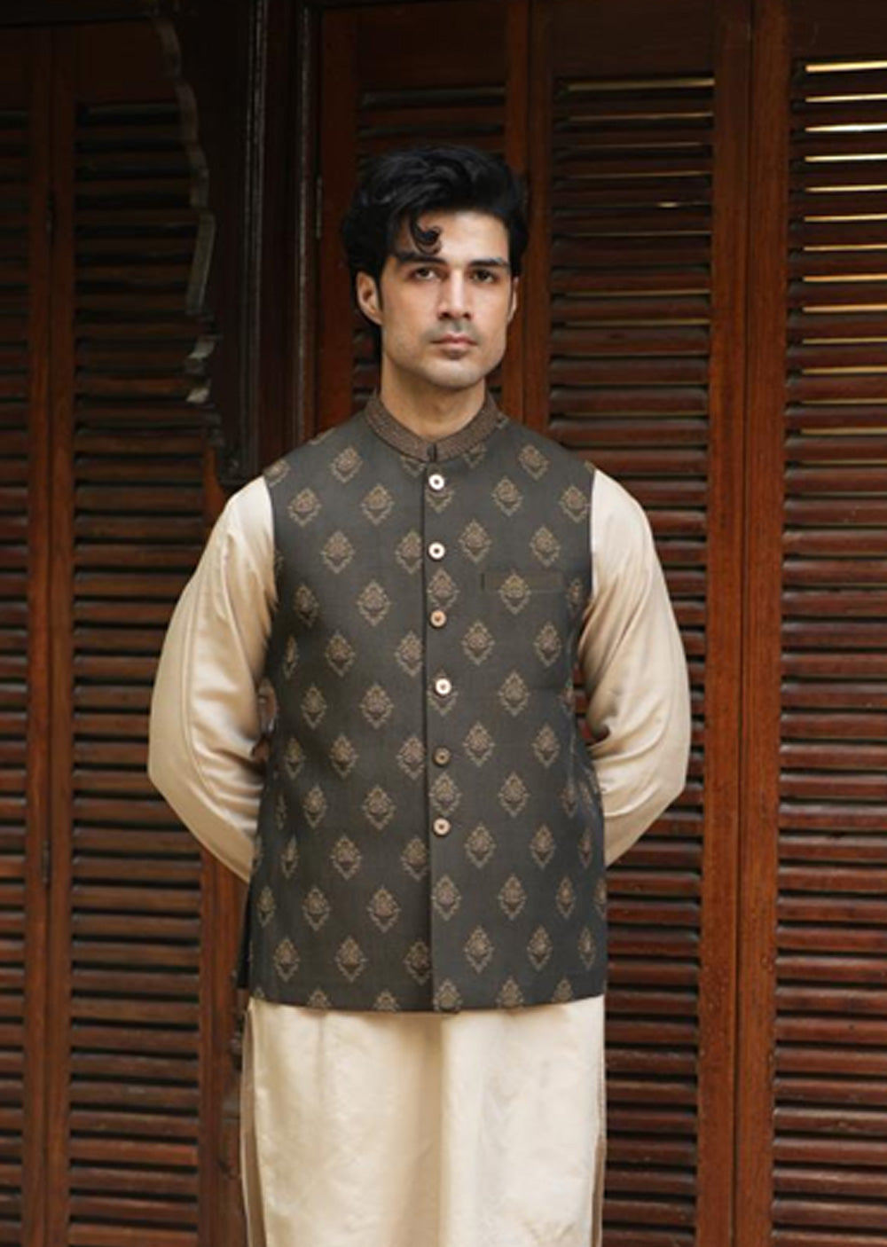 W-2891 - Readymade Jackard Self Design With Hand Embroidery Waistcoat - Memsaab Online