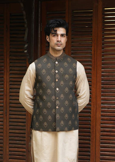 W-2891 - Readymade Jackard Self Design With Hand Embroidery Waistcoat - Memsaab Online