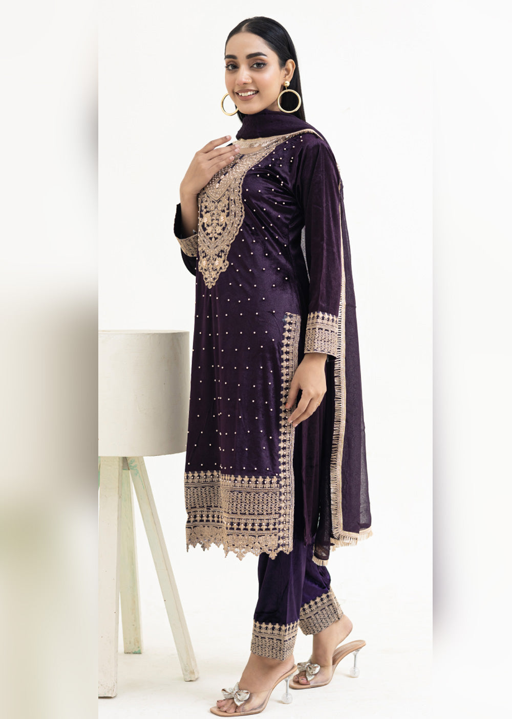 RTZ-01-R - Readymade - Rangz Winter Embroidered Signature Velvet Suit 2025 - Memsaab Online