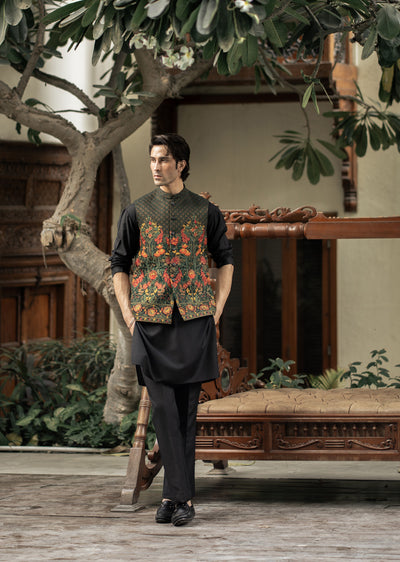 W-2899-1 - Readymade Maysori Fabric Full Embroidery Waistcoat - Memsaab Online