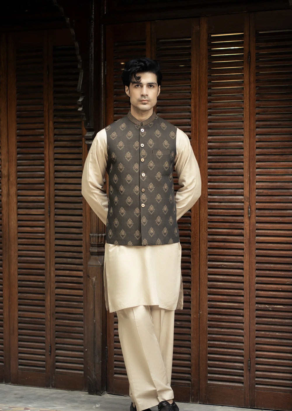 W-2891 - Readymade Jackard Self Design With Hand Embroidery Waistcoat - Memsaab Online