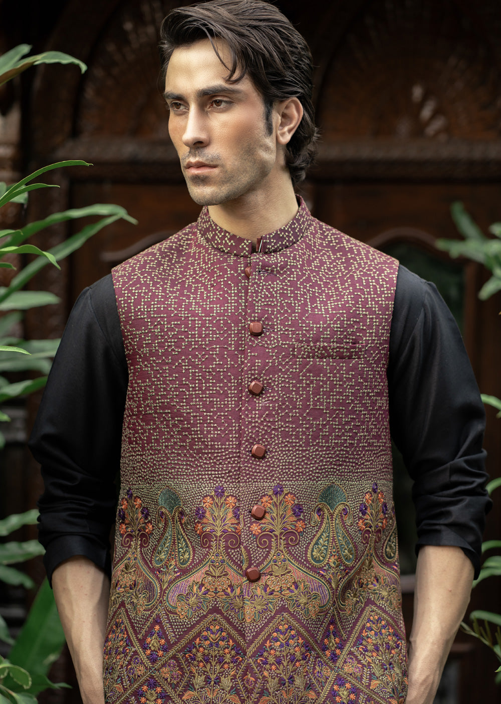 W-2867-1 - Readymade Maysori Fabric Full Embroidery Waistcoat - Memsaab Online