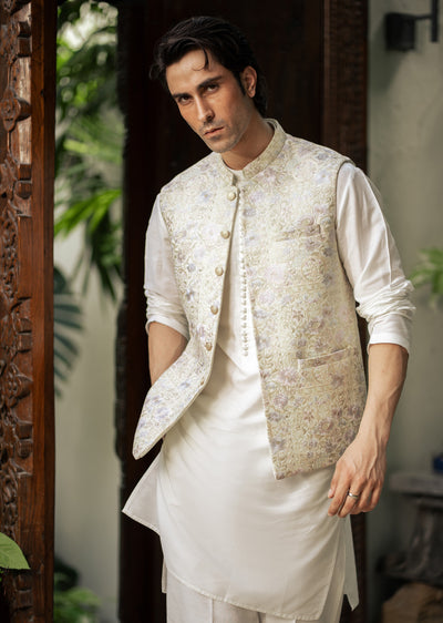 W-2854- Readymade Maysori Fabric Full Embroidery Waistcoat - Memsaab Online
