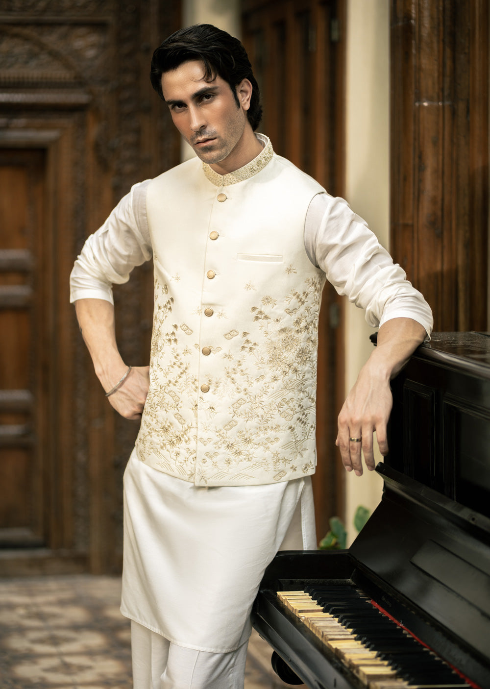 W-3013 - Readymade Maysori Fabric Full Embroidery Waistcoat - Memsaab Online