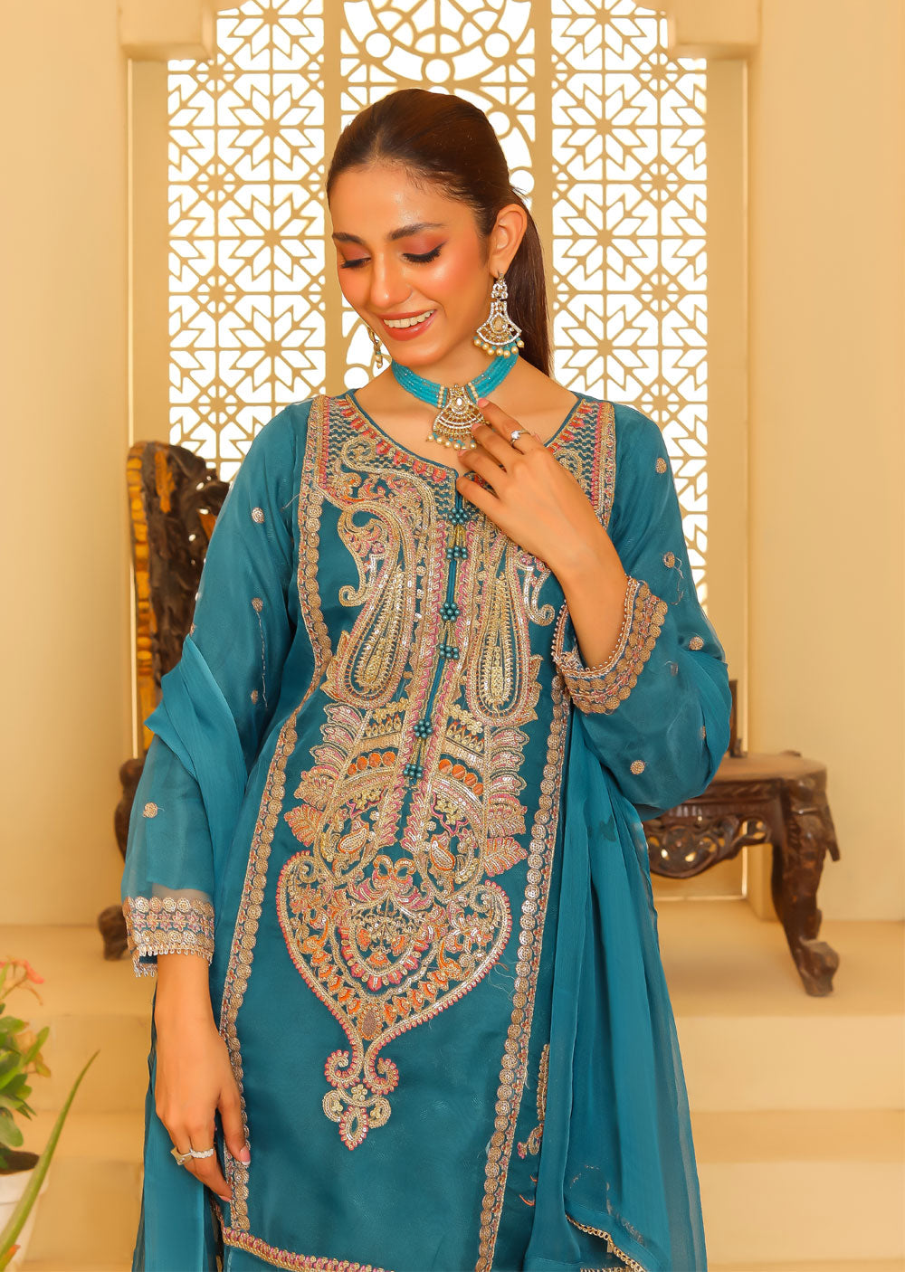 KLD327 Seba - TEAL Readymade Organza suit - Memsaab Online