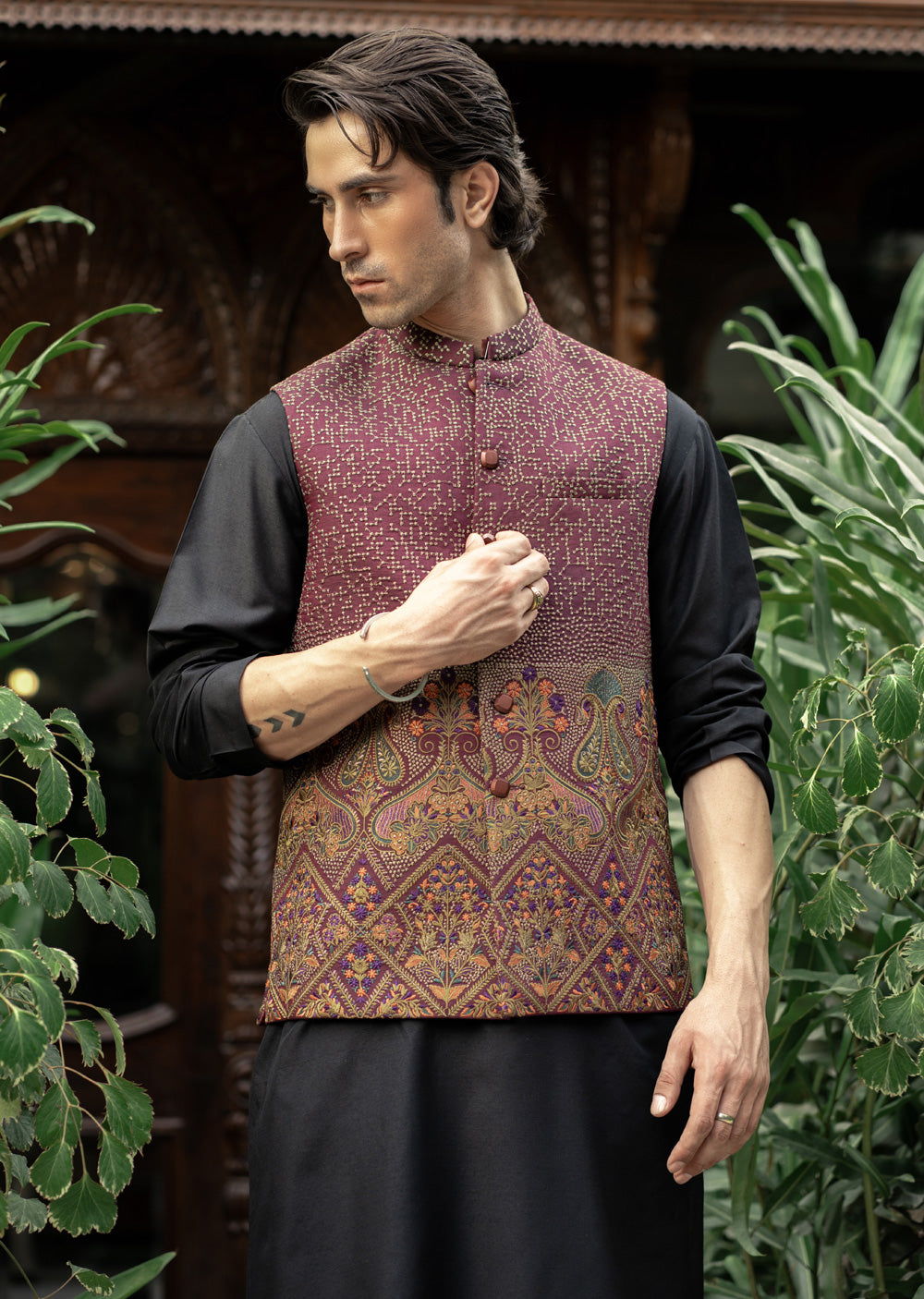 W-2867-1 - Readymade Maysori Fabric Full Embroidery Waistcoat - Memsaab Online