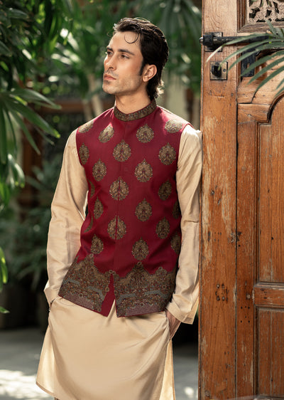 W-3007 - Readymade Maysori Fabric Full Embroidery Waistcoat - Memsaab Online