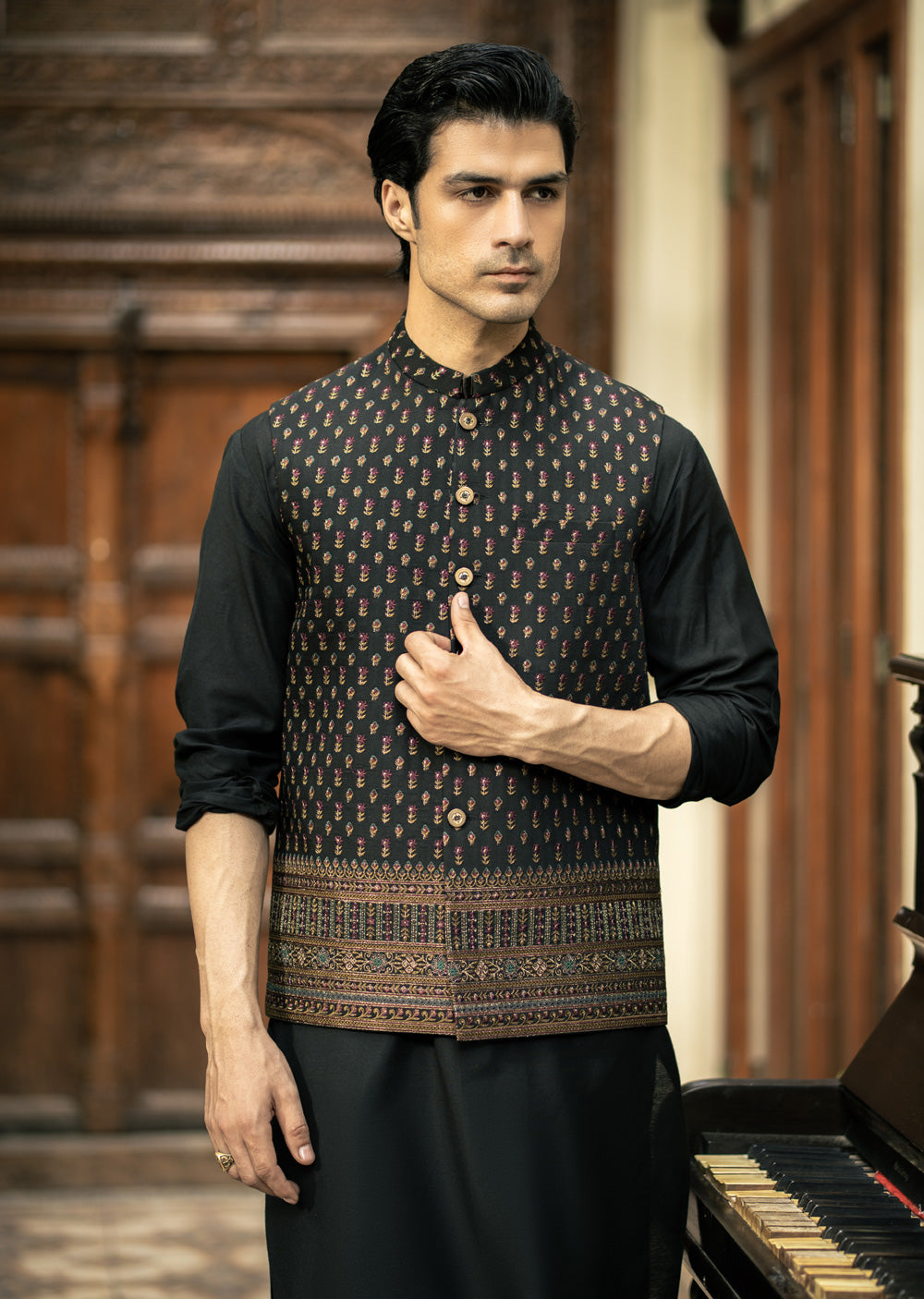 W-3010 - Readymade Maysori Fabric Full Embroidery Waistcoat - Memsaab Online