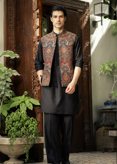 W-2889- Readymade Maysori Fabric Full Embroidery Waistcoat - Memsaab Online