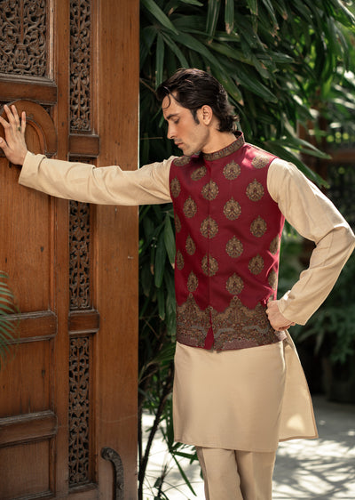 W-3007 - Readymade Maysori Fabric Full Embroidery Waistcoat - Memsaab Online