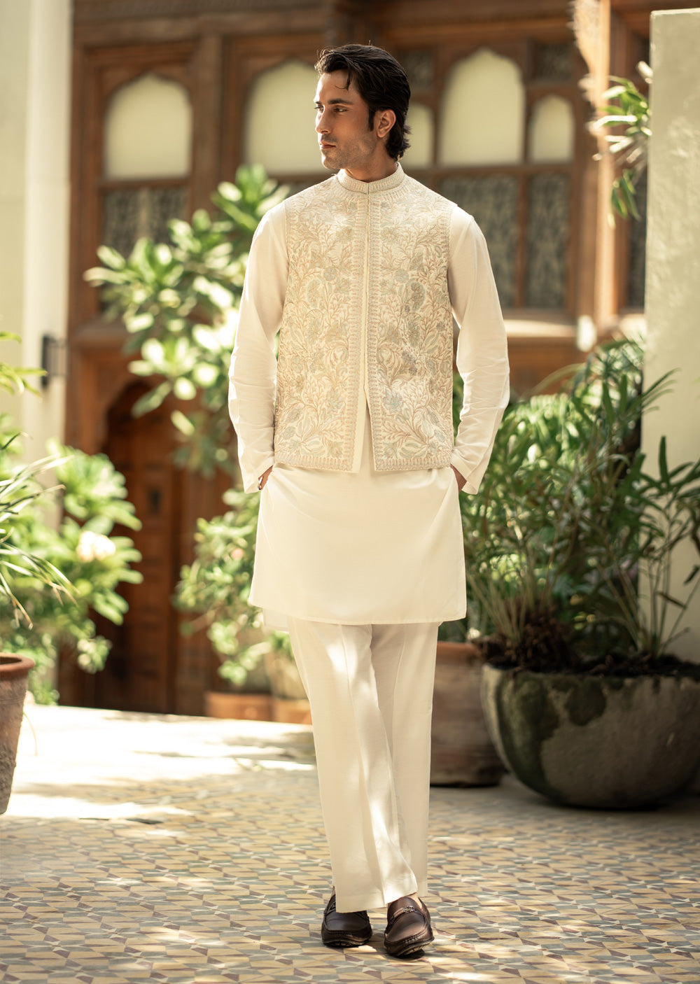 W-3002 - Readymade Maysori Fabric Full Embroidery Waistcoat - Memsaab Online