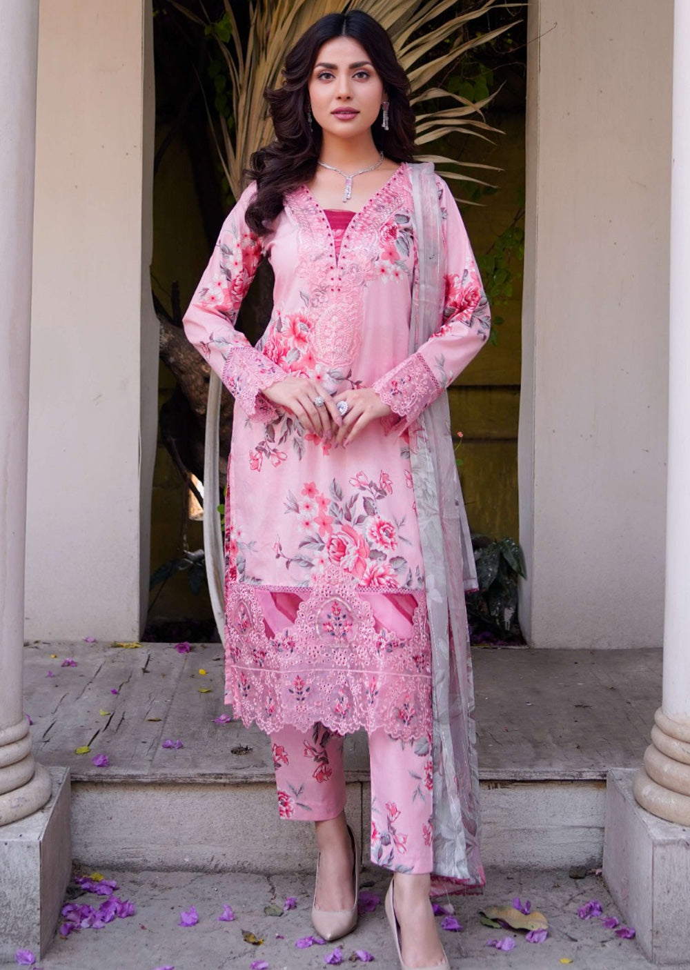 MDNA-14 - Pink Embroidered Lawn Outfit - Memsaab Online