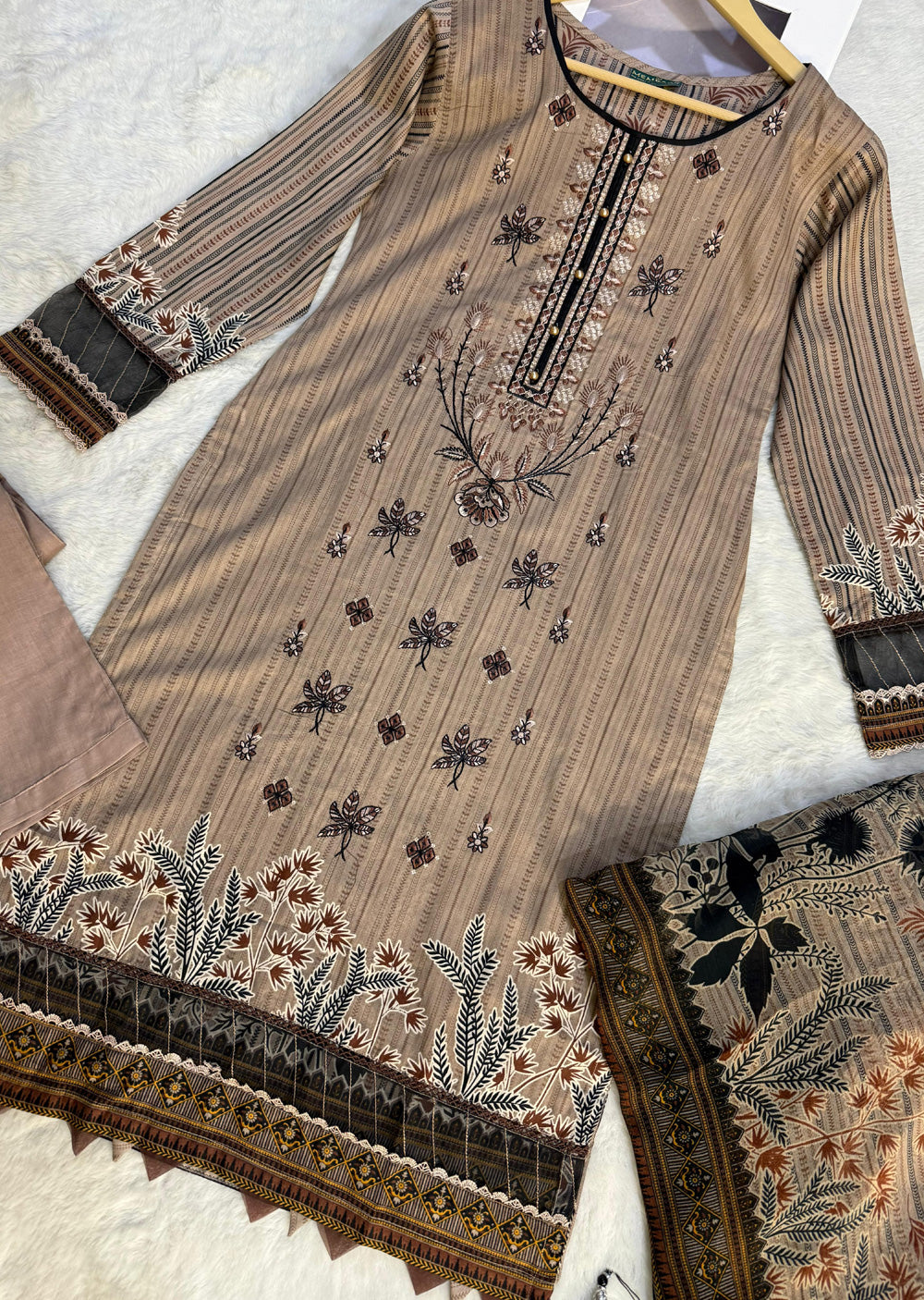 MDNA-12 - Light Brown Embroidered Lawn Outfit - Memsaab Online