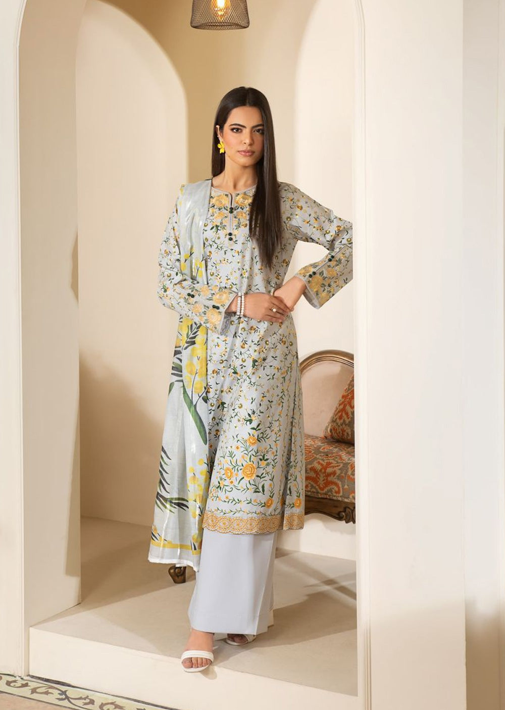 HSS-347- Readymade BEIGE CELESTIAL PRINT Heeras Suit - Memsaab Online