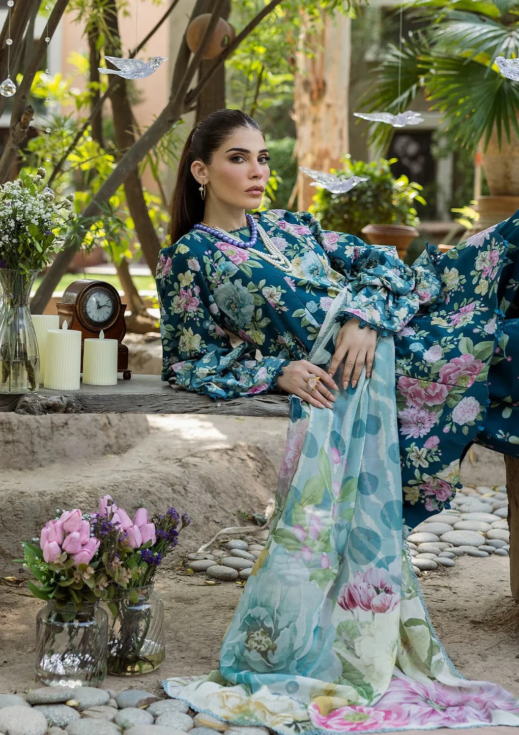 ELFECD-01-B- Azure Fern - Readymade - Elaf Prints Collection 2025 - Memsaab Online