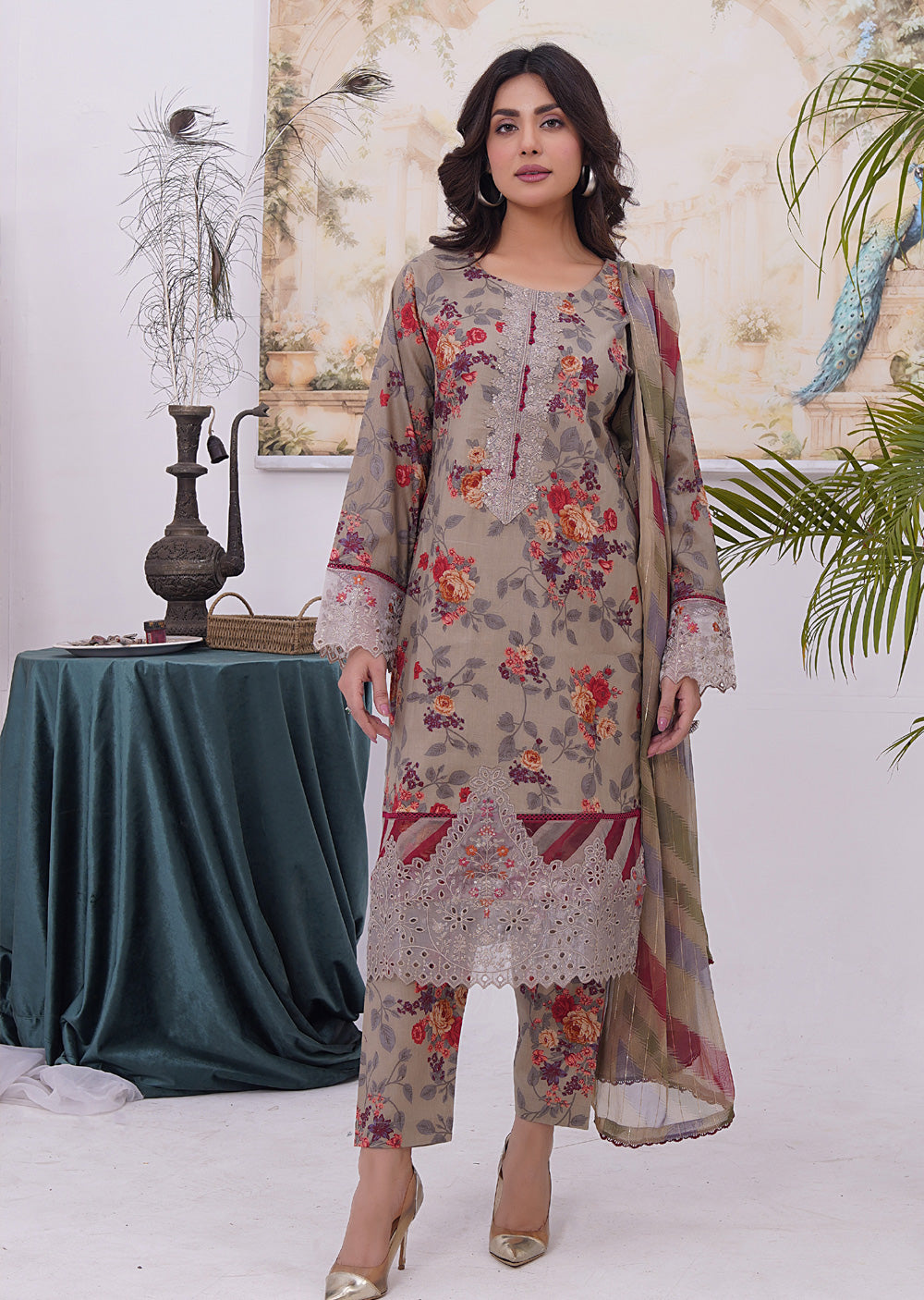 MDNA-12 - Light Brown Embroidered Lawn Outfit - Memsaab Online