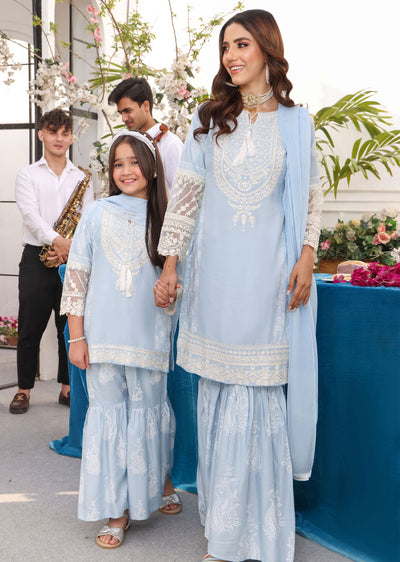 HK181 Bekhud Readymade Baby Blue Linen Mother & Daughter Suit - Memsaab Online