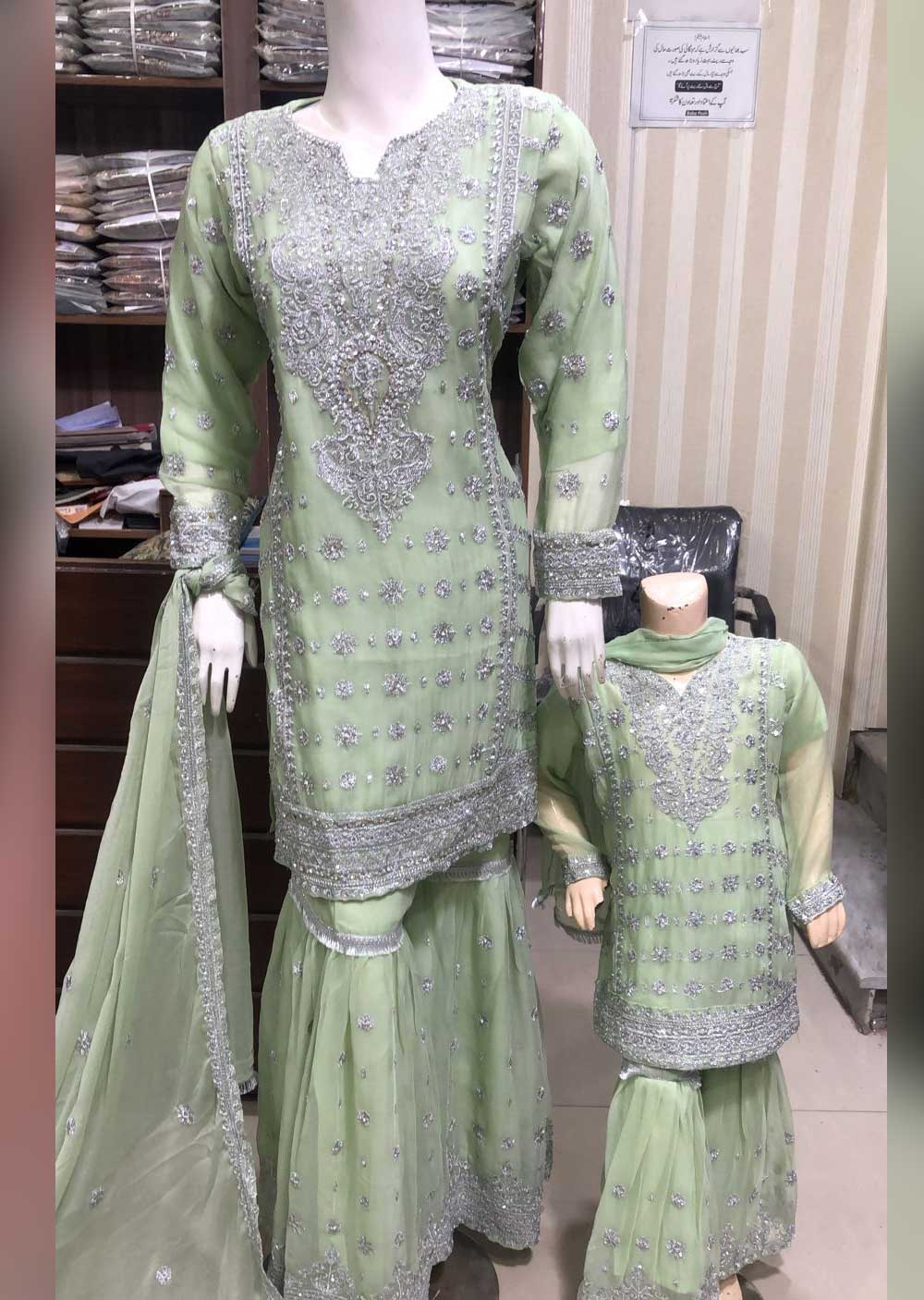 SHAZ6564 Mint/Silver Readymade Mother & Daughter Dress - Memsaab Online