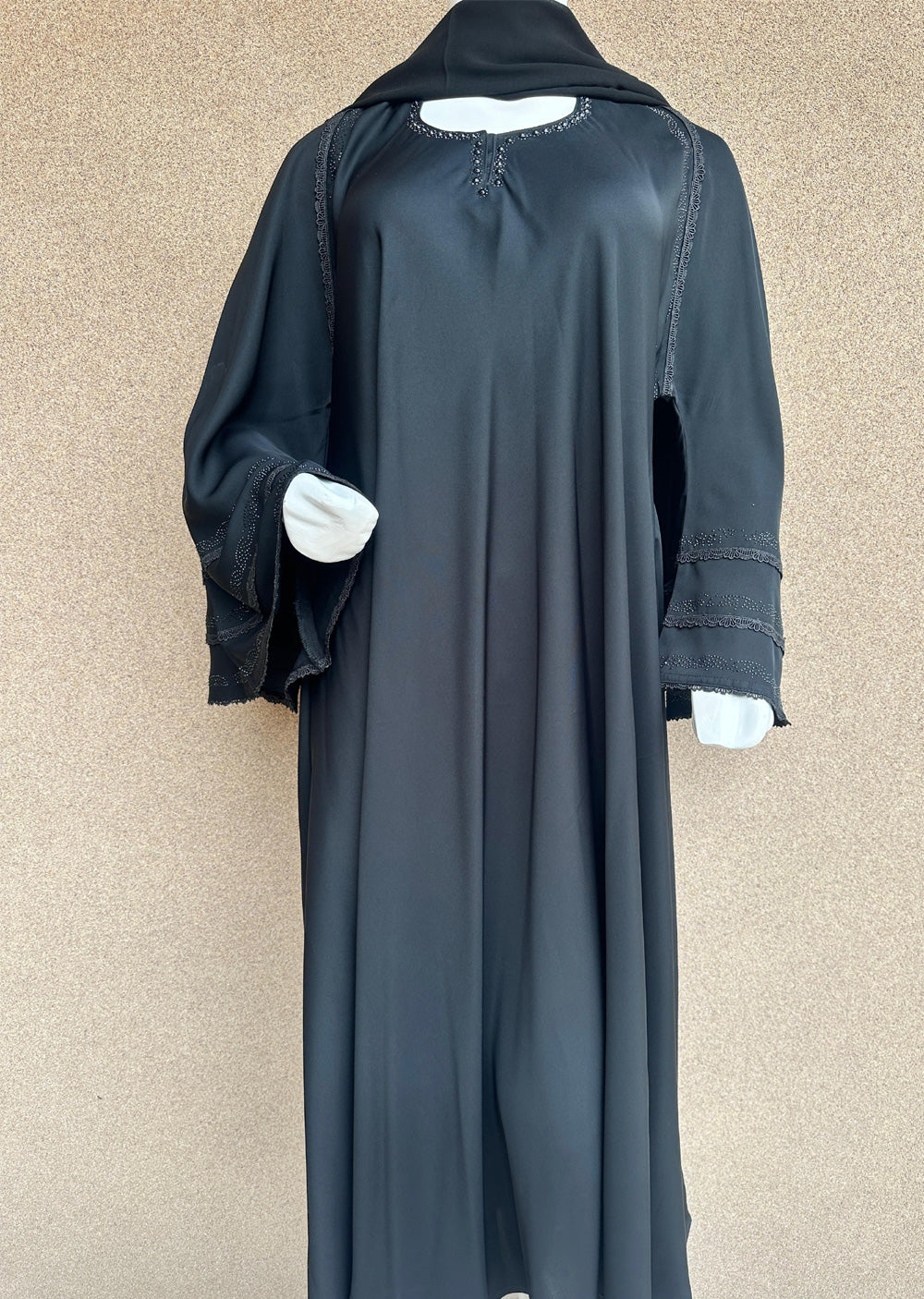 TAYB-01 - Black on Black Lays Bell Sleeves - Tayyab Abaya 2025 - Memsaab Online