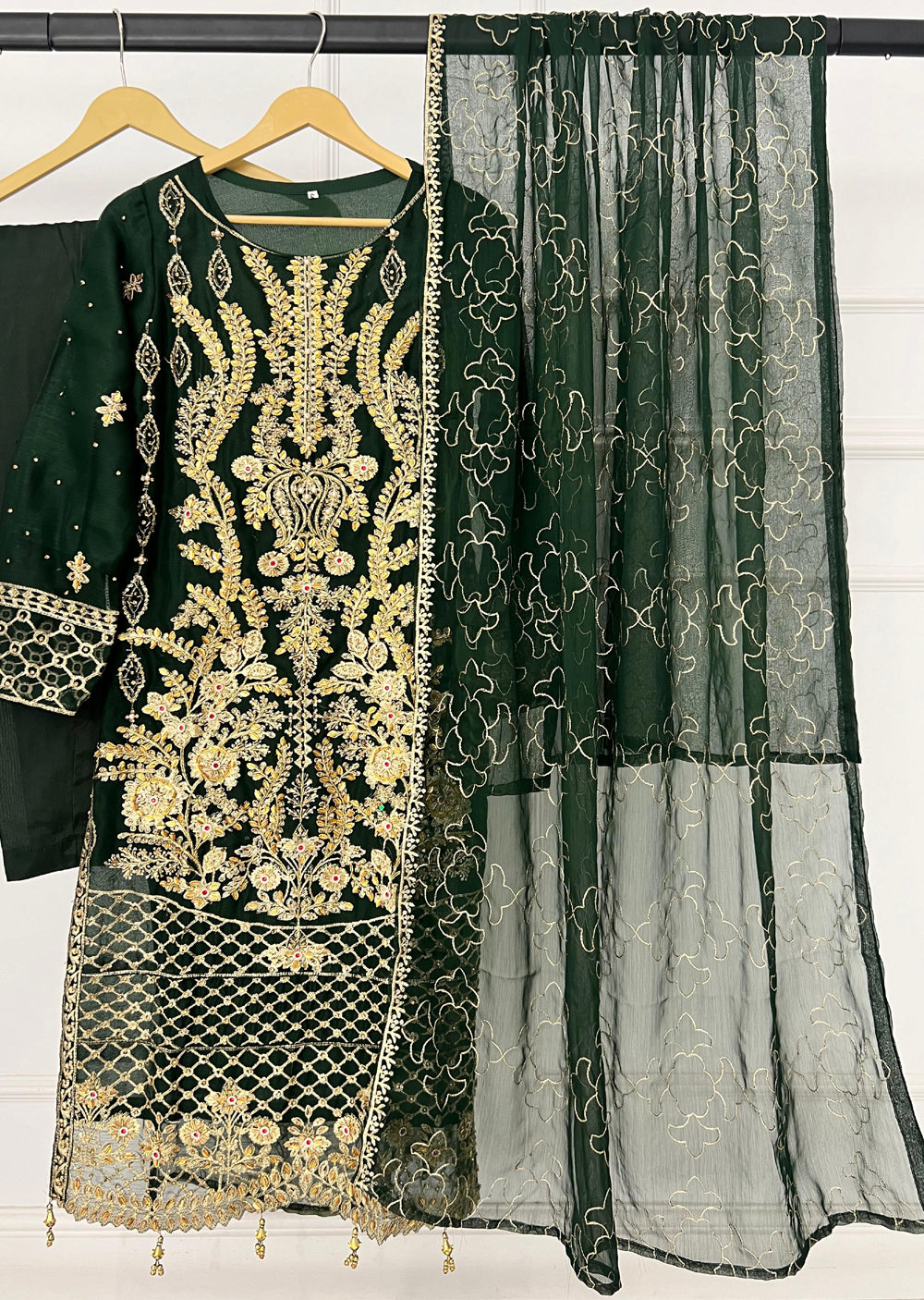 SLM611 Nazila - Readymade Dark Green Chiffon Outfit - Memsaab Online