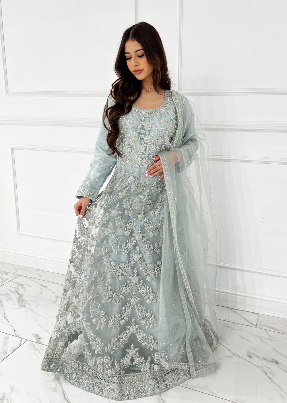 RH2113 Arya - Ice Blue Fancy Net Maxi Dress - Memsaab Online