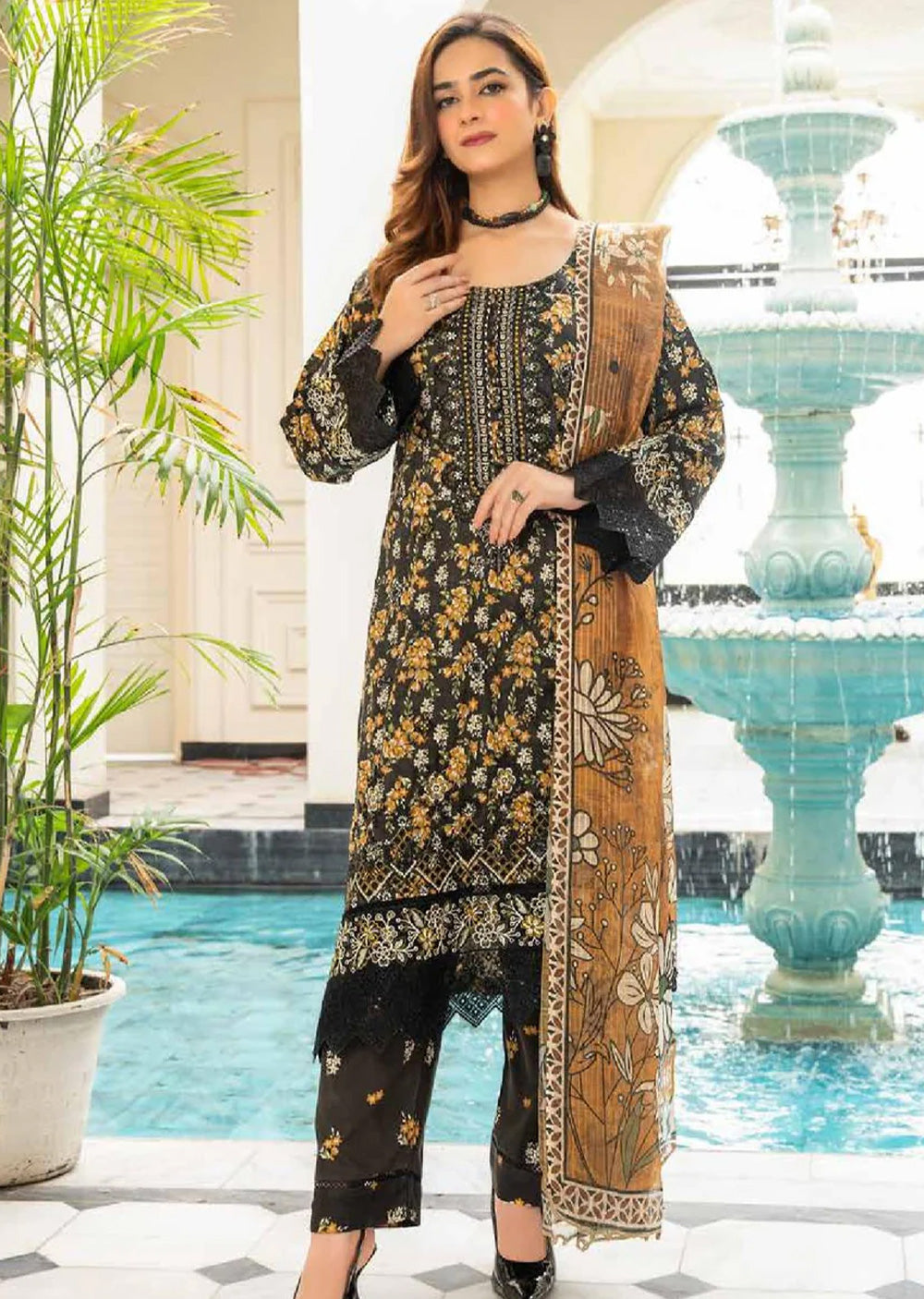 MSL-04 Readymade Munira Khazaan Black Linen Suit - Memsaab Online