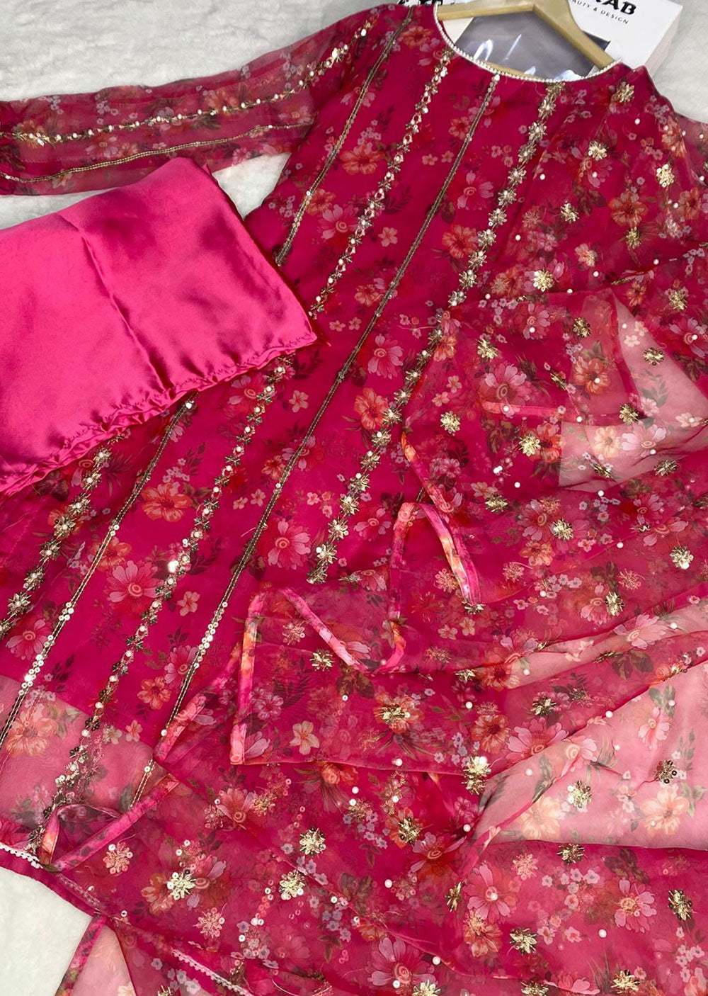 HK269 Zarifa - Hot Pink Readymade Organza Suit - Memsaab Online