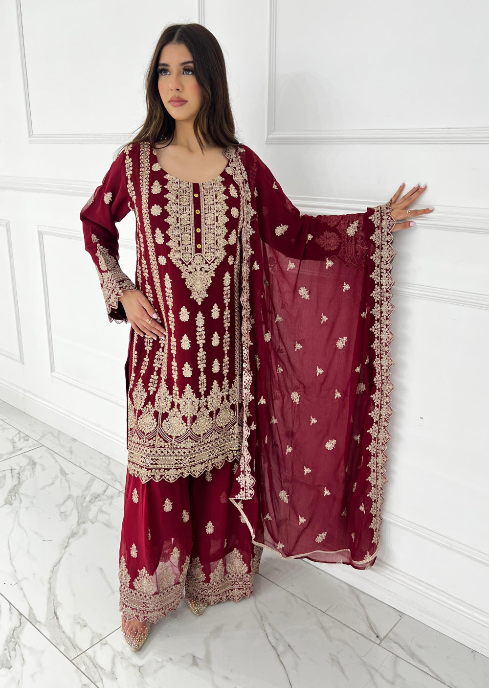 UJK-01 - Red - Readymade - Florine Chiffon Suit 2025 - Memsaab Online