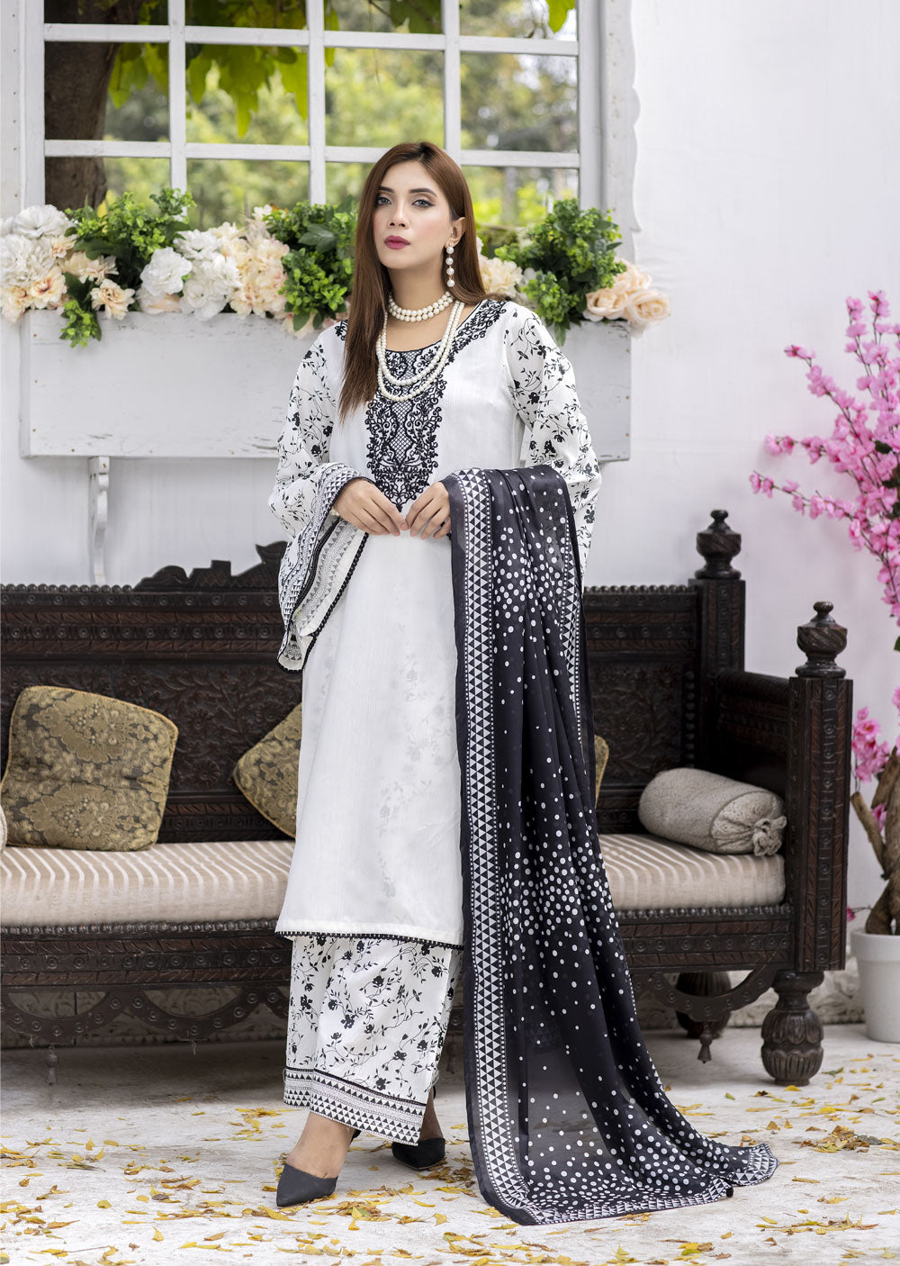 MDM-69 White - Readymade - Embroidered Cotton Suit - Memsaab Online