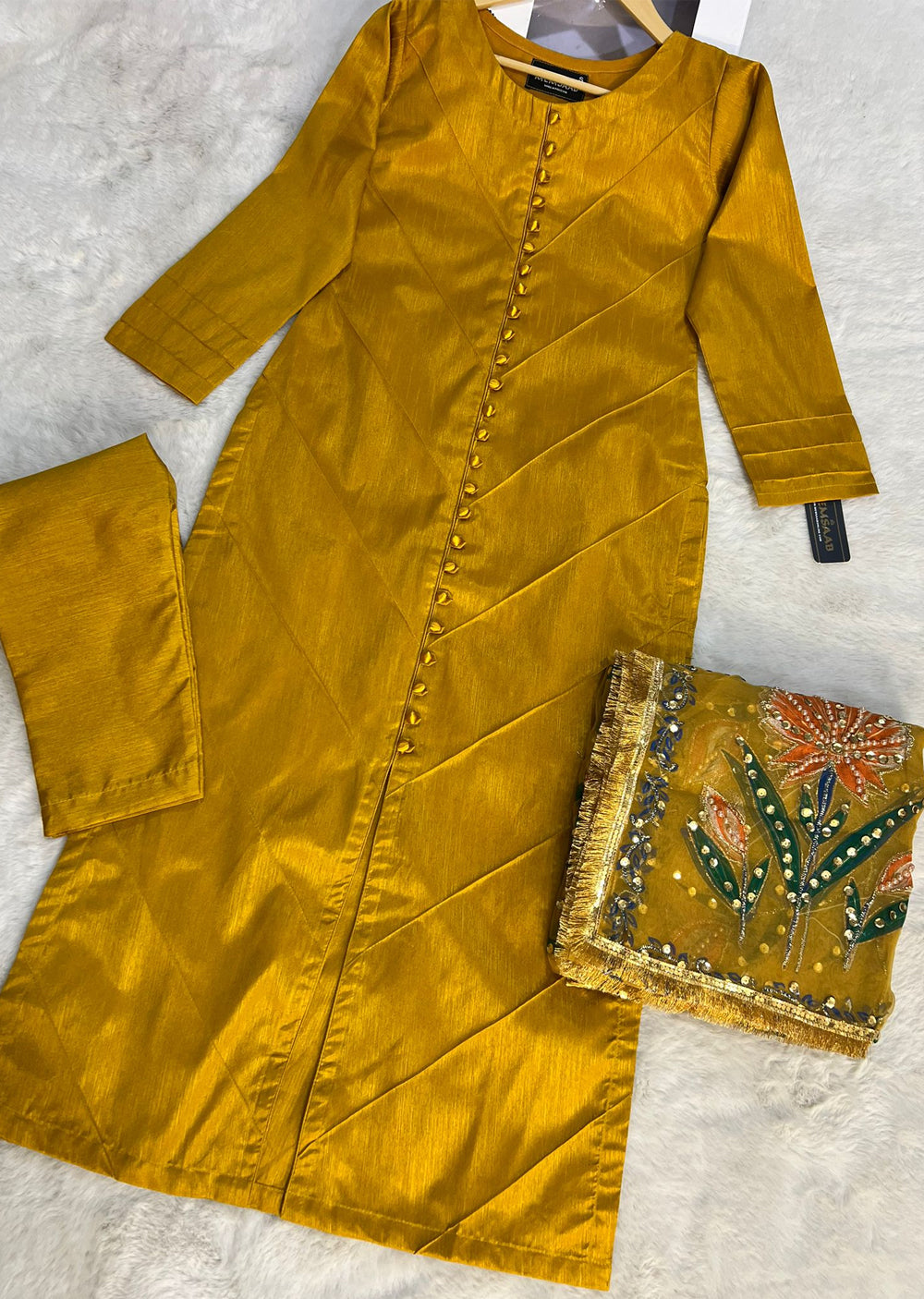 HK275 Rubru - Mustard Handpainted Duppatta Suit - Memsaab Online