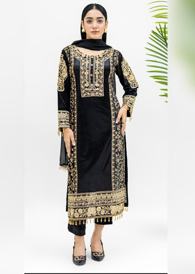 ROZ-01-R - Readymade - Rangz Luxury winter Velvet Suit 2025 - Memsaab Online