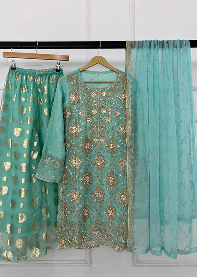 SLM612 Kiswa - Readymade Turquoise/Pink Chiffon Outfit - Memsaab Online