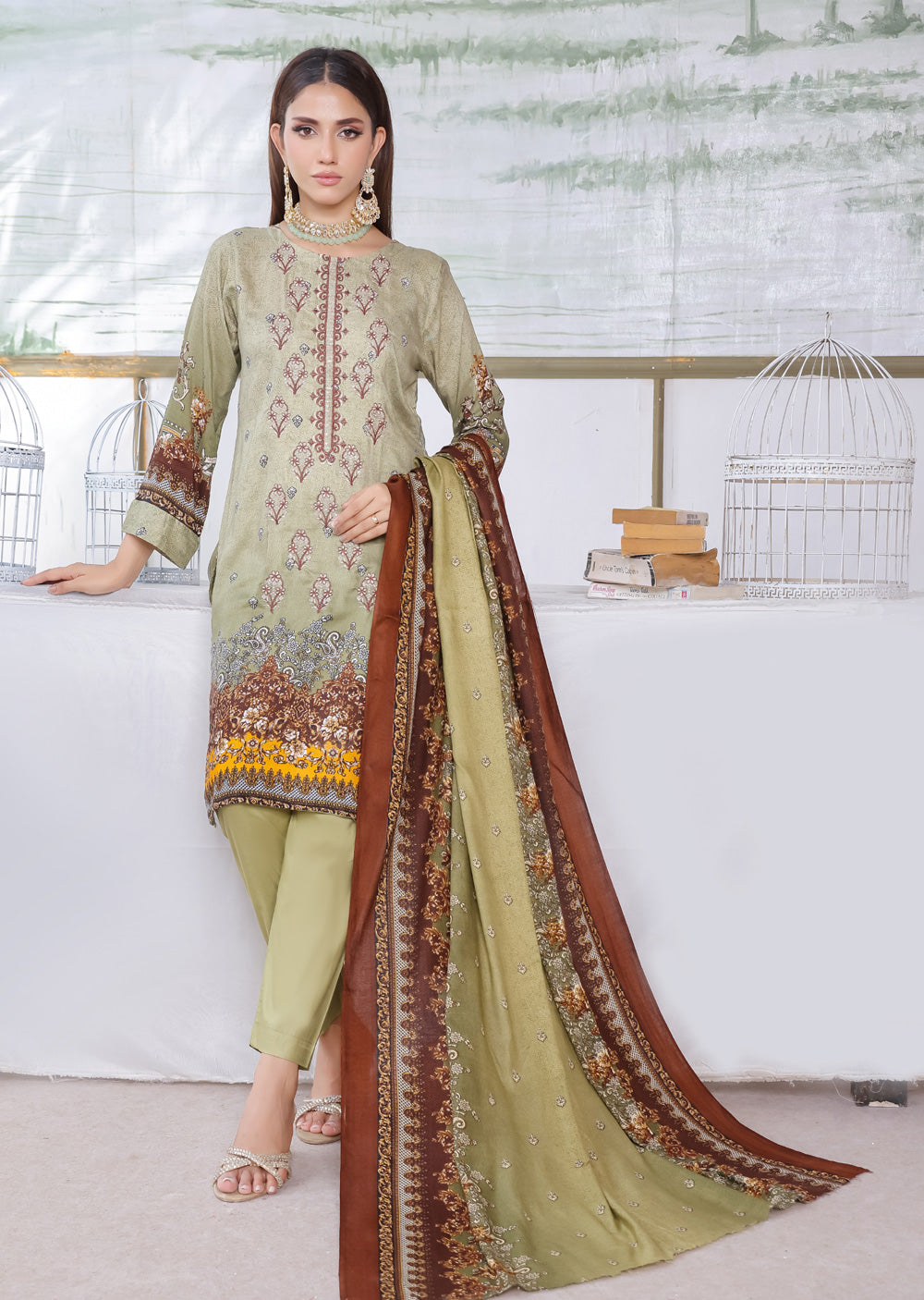 AMT5120 - Green Readymade Linen Suit - Memsaab Online